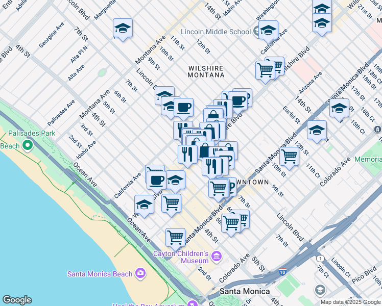 map of restaurants, bars, coffee shops, grocery stores, and more near 707 Wilshire Boulevard in Santa Monica
