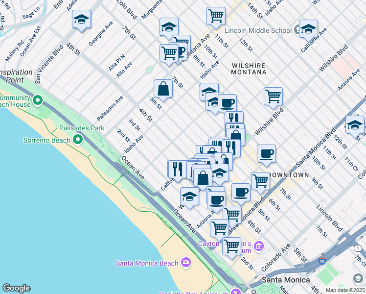 map of restaurants, bars, coffee shops, grocery stores, and more near 1038 4th Court in Santa Monica