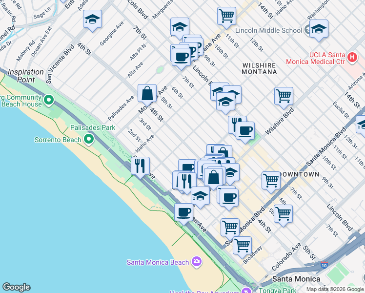 map of restaurants, bars, coffee shops, grocery stores, and more near 1002 4th Street in Santa Monica