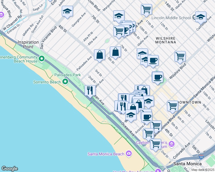 map of restaurants, bars, coffee shops, grocery stores, and more near 938 3rd Street in Santa Monica