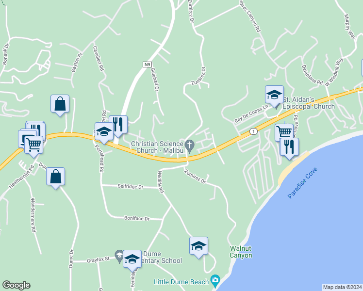 map of restaurants, bars, coffee shops, grocery stores, and more near 6435 Zumirez Drive in Malibu