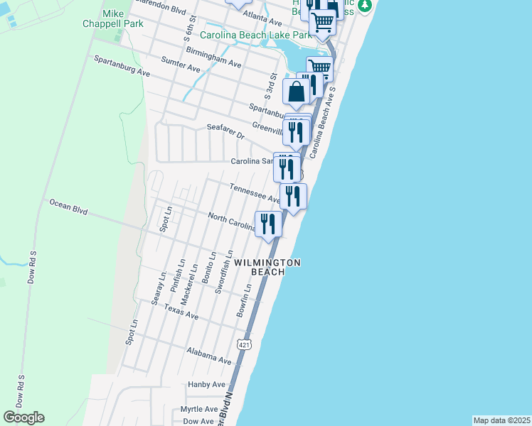 map of restaurants, bars, coffee shops, grocery stores, and more near 1212 South Lake Park Boulevard in Carolina Beach