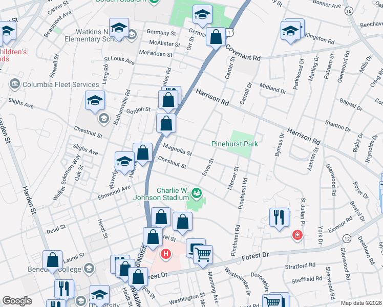 map of restaurants, bars, coffee shops, grocery stores, and more near 2705 Magnolia Street in Columbia