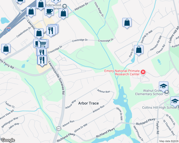 map of restaurants, bars, coffee shops, grocery stores, and more near 36 Reynoldston Court in Suwanee