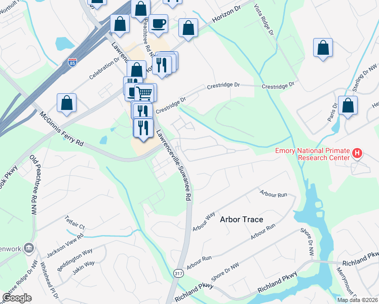map of restaurants, bars, coffee shops, grocery stores, and more near 414 Reynoldston Way in Suwanee