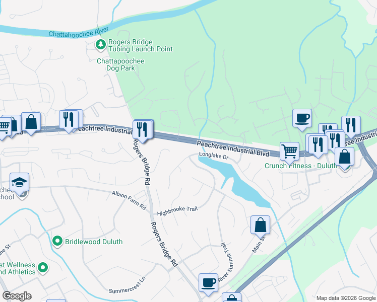 map of restaurants, bars, coffee shops, grocery stores, and more near 4065 Longlake Drive in Duluth