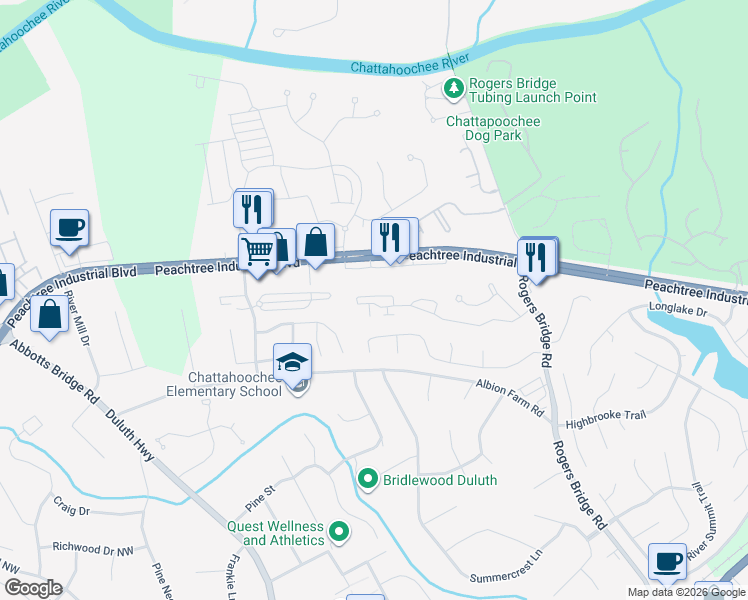 map of restaurants, bars, coffee shops, grocery stores, and more near 3005 Olde Towne Parkway in Duluth