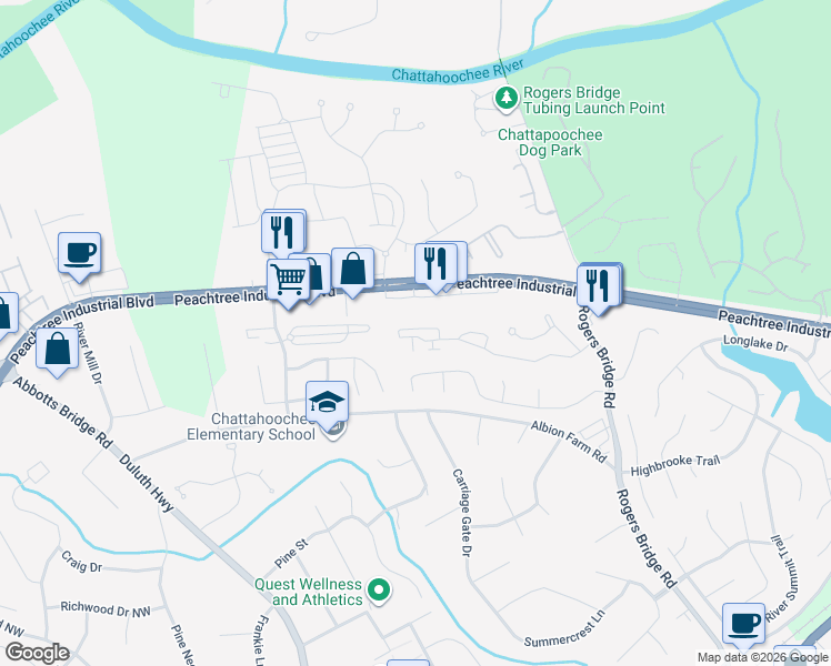 map of restaurants, bars, coffee shops, grocery stores, and more near 3015 Olde Towne Parkway in Duluth