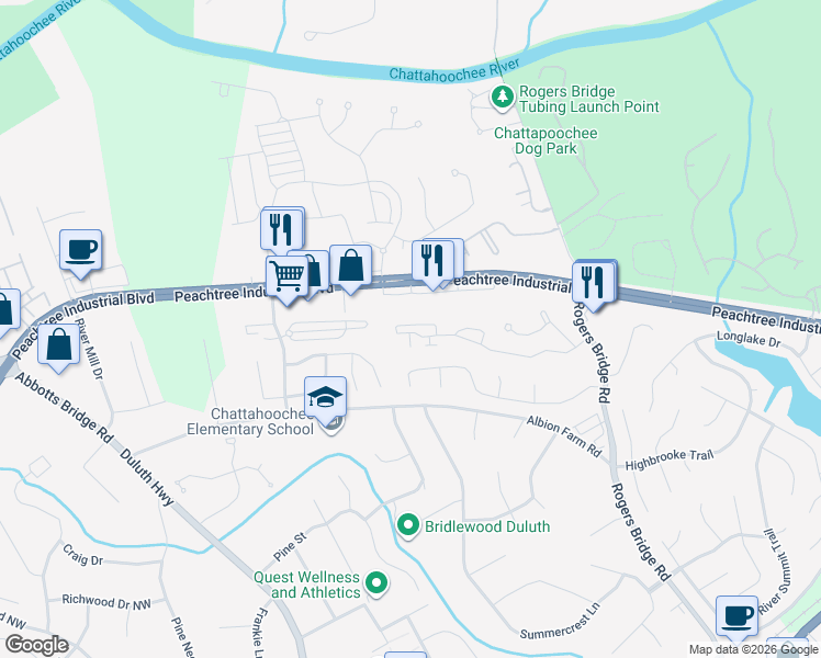 map of restaurants, bars, coffee shops, grocery stores, and more near 3025 Olde Towne Parkway in Duluth