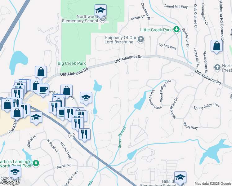 map of restaurants, bars, coffee shops, grocery stores, and more near 400 Ansley Drive in Roswell