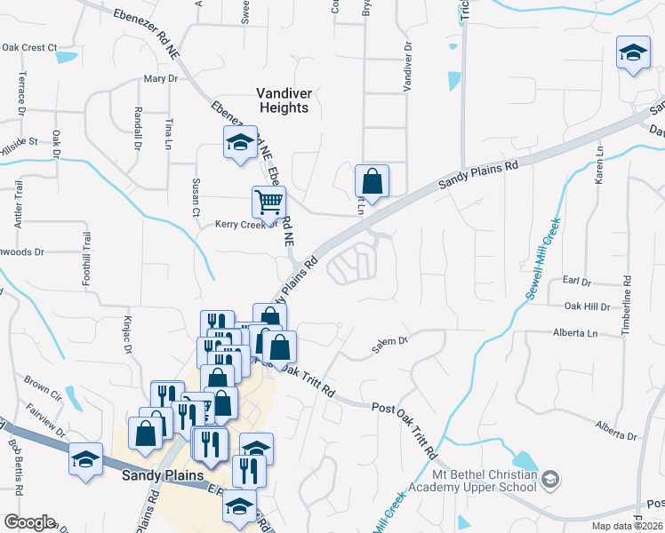 map of restaurants, bars, coffee shops, grocery stores, and more near 2232 Rosemoore Walk Northeast in Marietta
