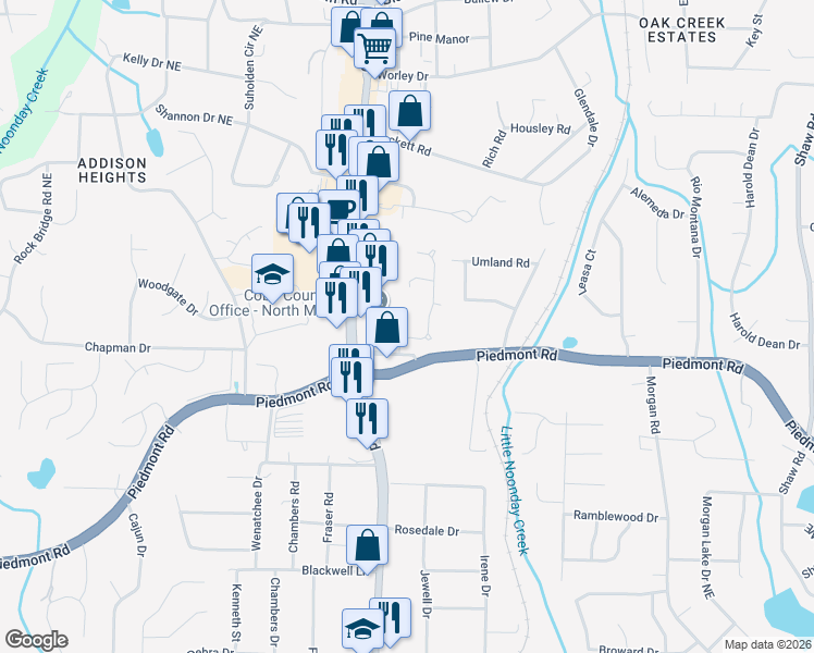 map of restaurants, bars, coffee shops, grocery stores, and more near 2604 Naylor Hall in Marietta