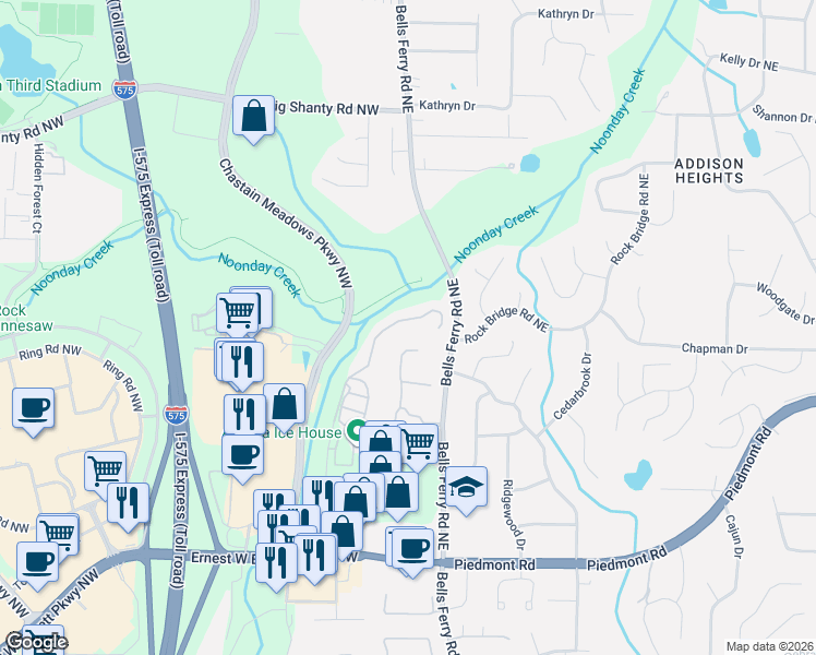 map of restaurants, bars, coffee shops, grocery stores, and more near 2774 Prado Lane in Marietta