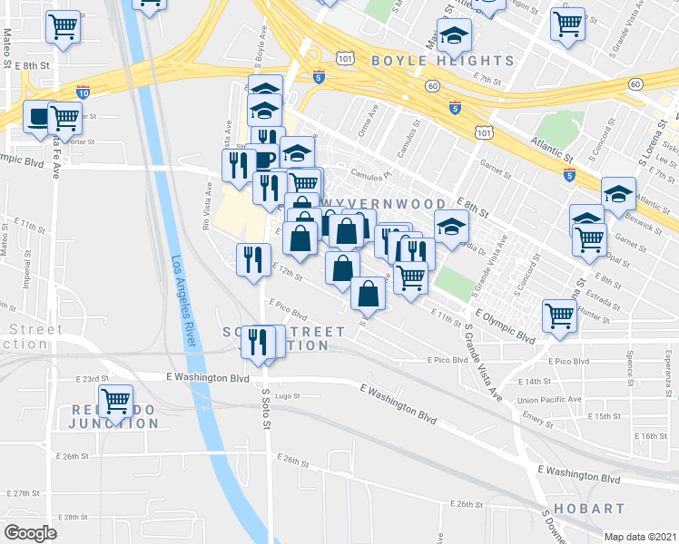 map of restaurants, bars, coffee shops, grocery stores, and more near 2856 East 11th Street in Los Angeles