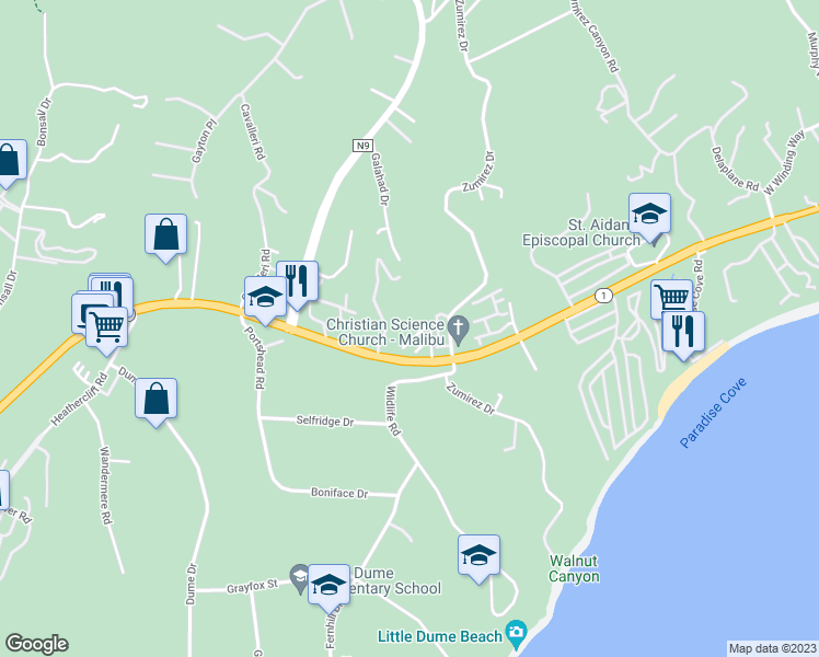 map of restaurants, bars, coffee shops, grocery stores, and more near 28807 Pacific Coast Highway in Malibu