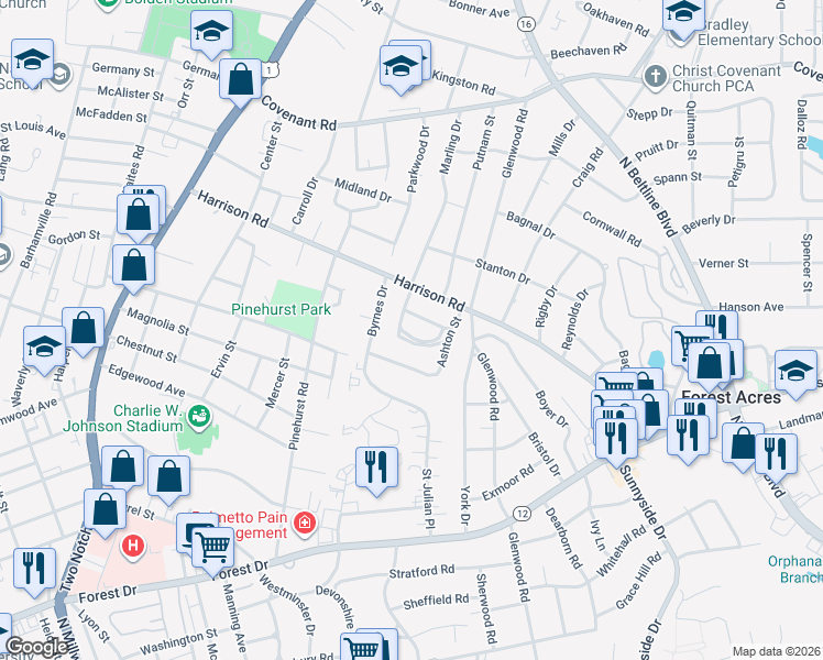 map of restaurants, bars, coffee shops, grocery stores, and more near 2331 Wesley Drive in Columbia