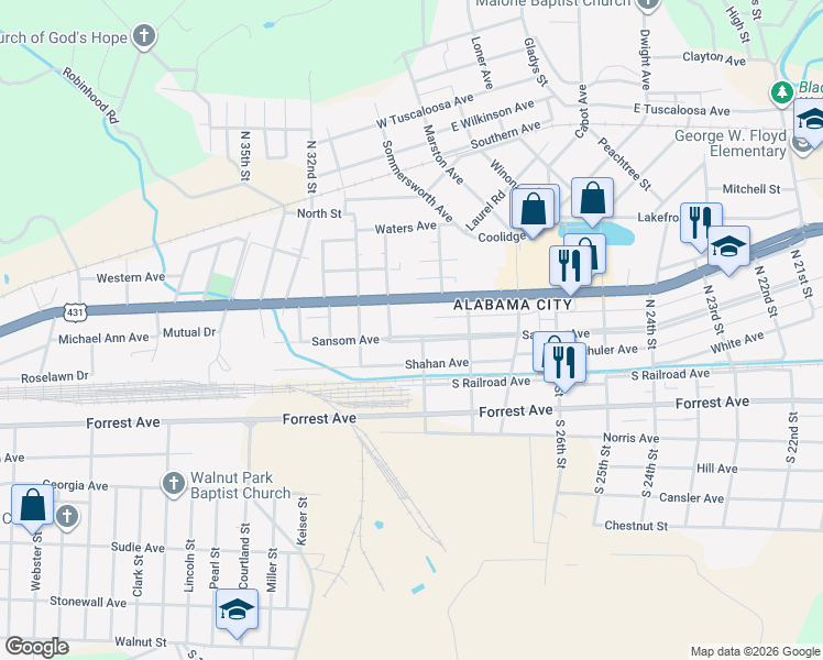 map of restaurants, bars, coffee shops, grocery stores, and more near 2823 Sansom Avenue in Gadsden