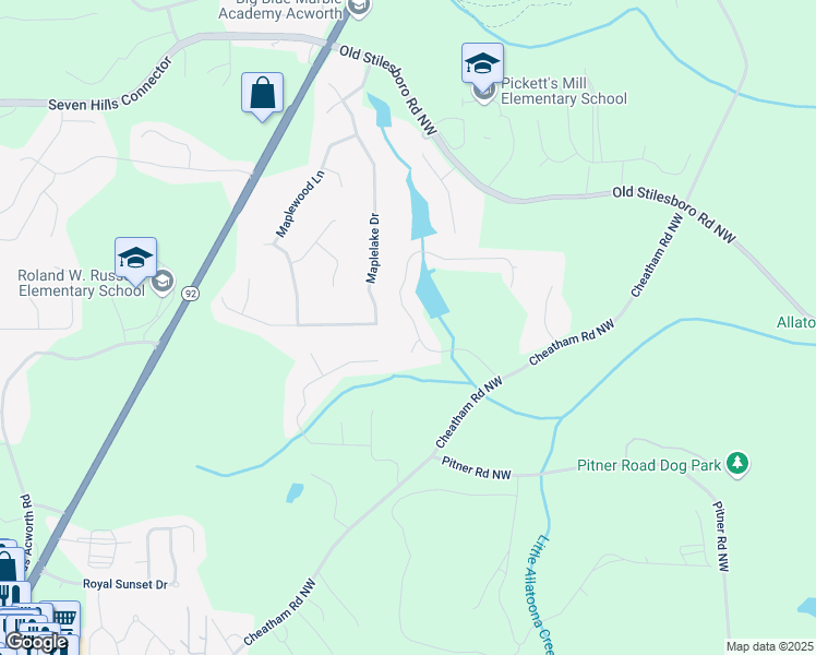 map of restaurants, bars, coffee shops, grocery stores, and more near 6275 Cheatham Lake Drive Northwest in Acworth