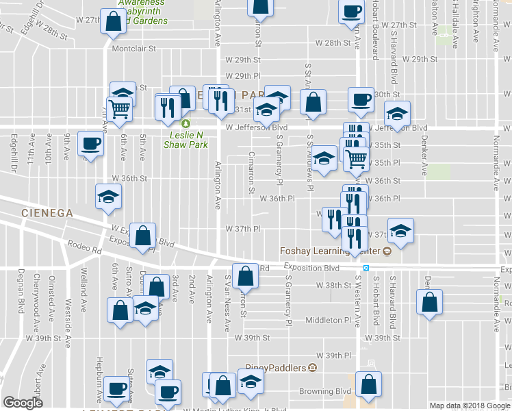 map of restaurants, bars, coffee shops, grocery stores, and more near 3660 Cimarron Street in Los Angeles