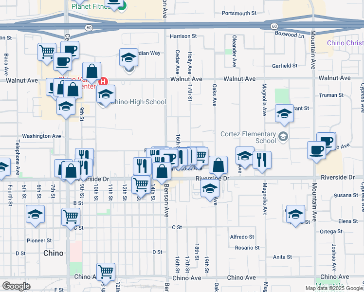 map of restaurants, bars, coffee shops, grocery stores, and more near 12767 16th Street in Chino