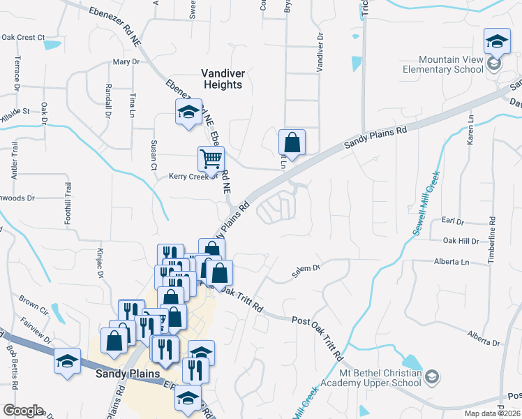map of restaurants, bars, coffee shops, grocery stores, and more near 2233 Rosemoore Walk in Marietta