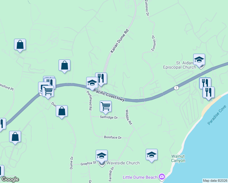 map of restaurants, bars, coffee shops, grocery stores, and more near 28912 Wight Road in Malibu