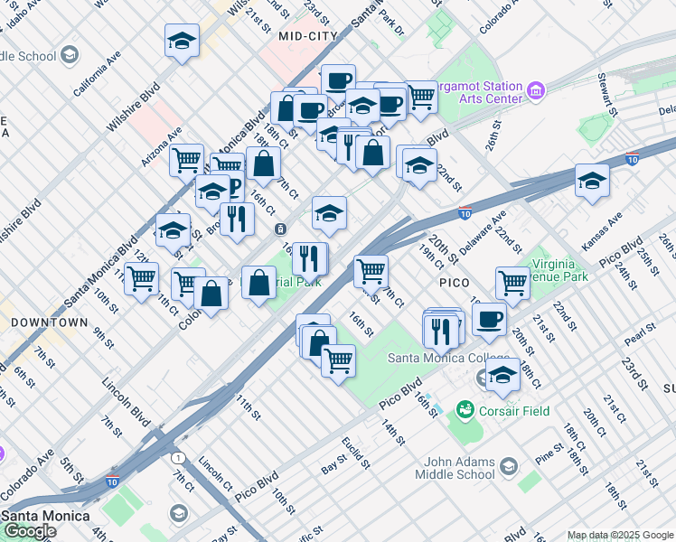map of restaurants, bars, coffee shops, grocery stores, and more near 1714 17th St in Santa Monica