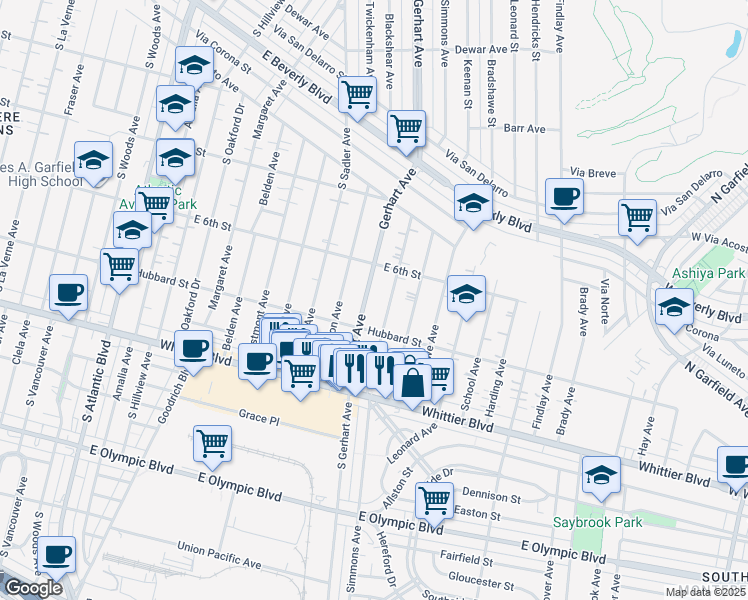 map of restaurants, bars, coffee shops, grocery stores, and more near 640 1/2 South Gerhart Avenue in East Los Angeles