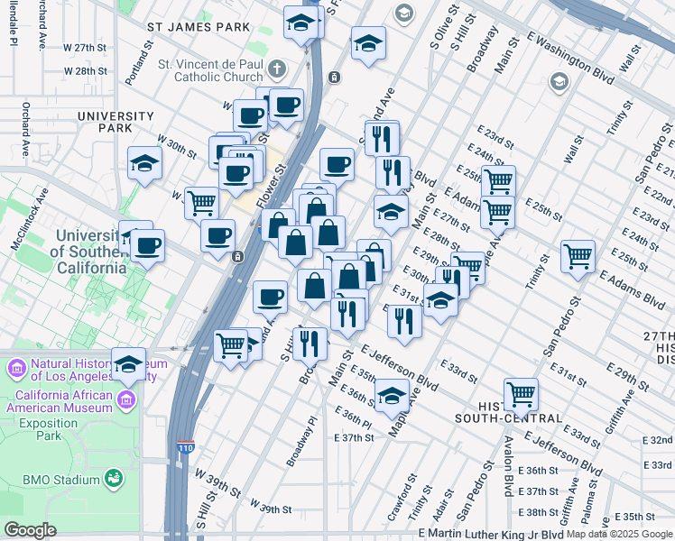 map of restaurants, bars, coffee shops, grocery stores, and more near 162 West 31st Street in Los Angeles