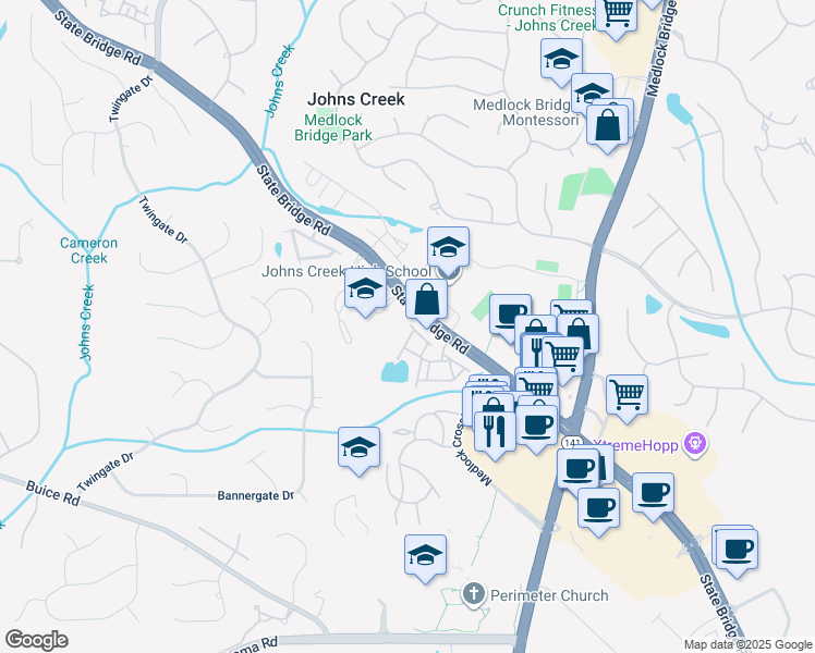 map of restaurants, bars, coffee shops, grocery stores, and more near 9870 Murano View in Alpharetta