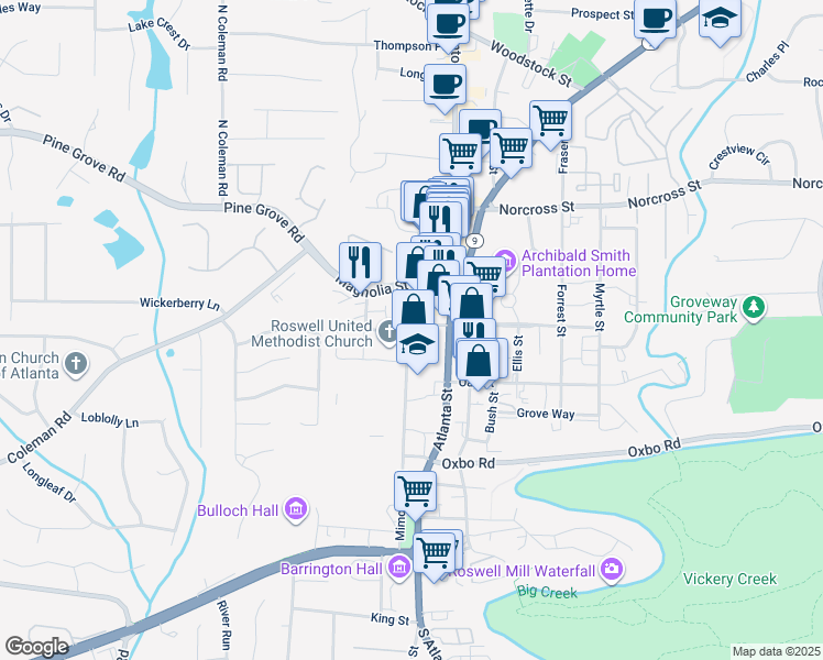 map of restaurants, bars, coffee shops, grocery stores, and more near 849 Mimosa Boulevard in Roswell