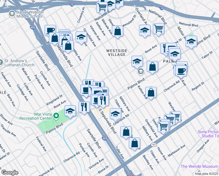 map of restaurants, bars, coffee shops, grocery stores, and more near 3444 Tilden Avenue in Los Angeles