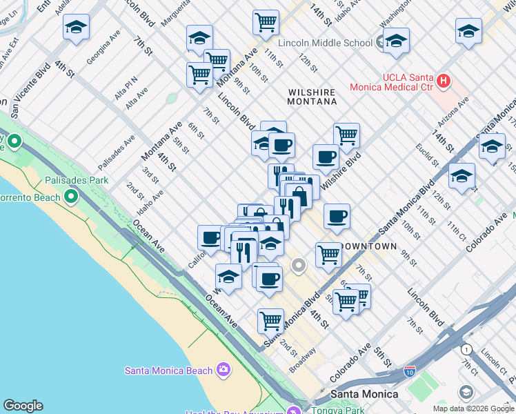 map of restaurants, bars, coffee shops, grocery stores, and more near 520 California Avenue in Santa Monica