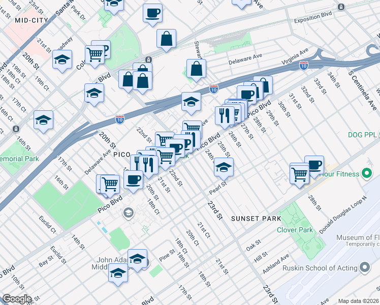 map of restaurants, bars, coffee shops, grocery stores, and more near Pico Boulevard & Cloverfield Boulevard in Santa Monica