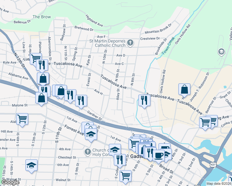 map of restaurants, bars, coffee shops, grocery stores, and more near 508 Riley Street in Gadsden