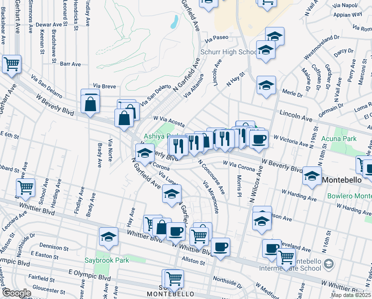 map of restaurants, bars, coffee shops, grocery stores, and more near 2513 Plaza Libre North in Montebello