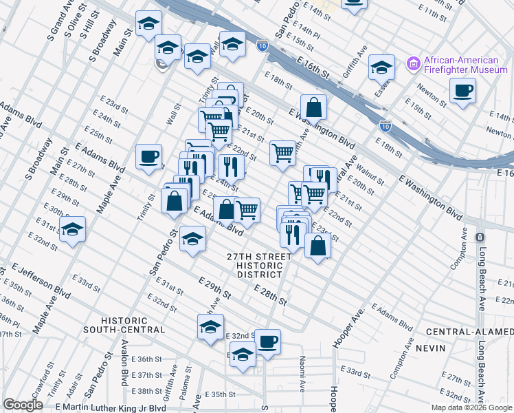map of restaurants, bars, coffee shops, grocery stores, and more near 1036 East 24th Street in Los Angeles