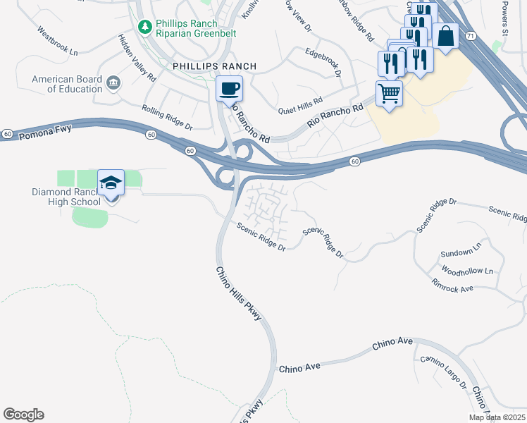 map of restaurants, bars, coffee shops, grocery stores, and more near 28 Wilderness Place in Pomona