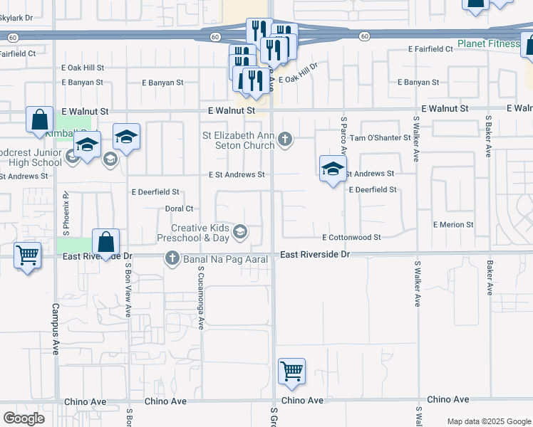 map of restaurants, bars, coffee shops, grocery stores, and more near 2855 S Parkside Dr in Ontario