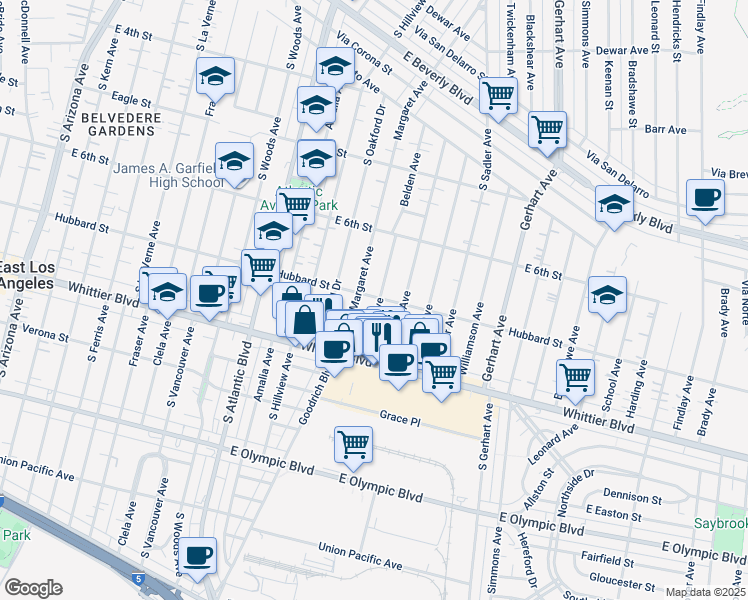 map of restaurants, bars, coffee shops, grocery stores, and more near 703 Belden Avenue in East Los Angeles
