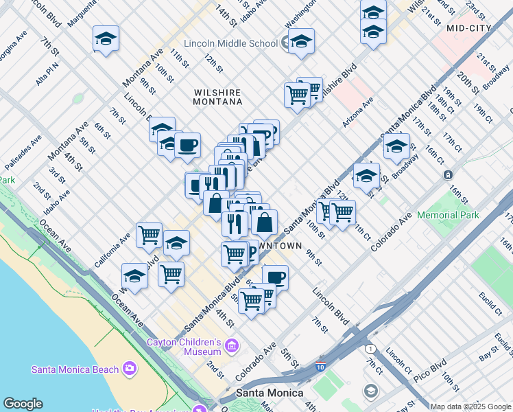 map of restaurants, bars, coffee shops, grocery stores, and more near in Santa Monica