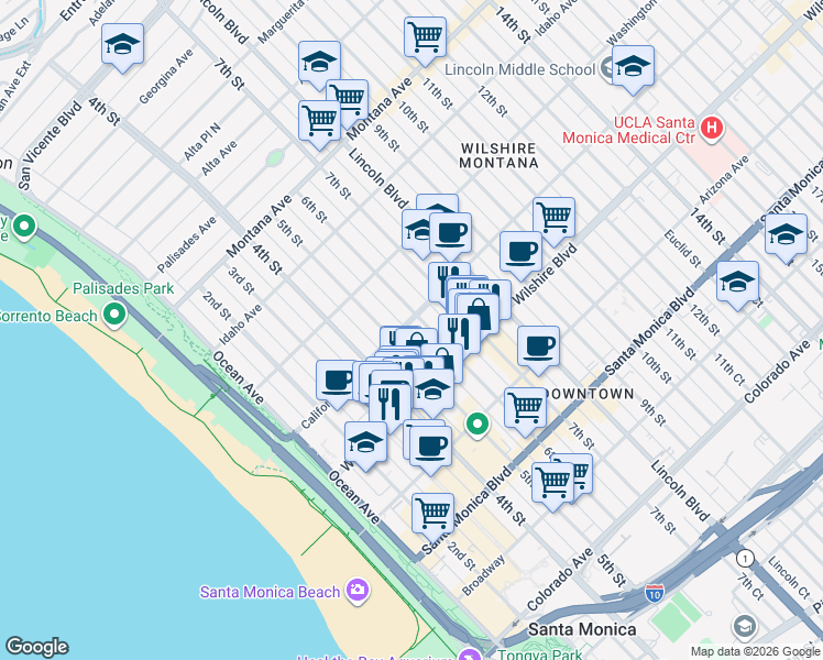 map of restaurants, bars, coffee shops, grocery stores, and more near 520 California Avenue in Santa Monica