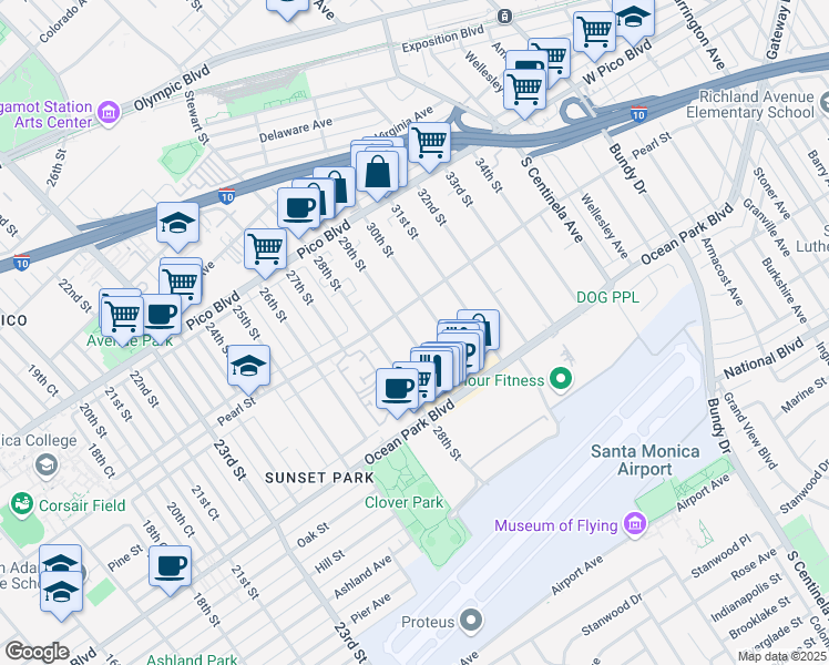 map of restaurants, bars, coffee shops, grocery stores, and more near 2507 29th Street in Santa Monica