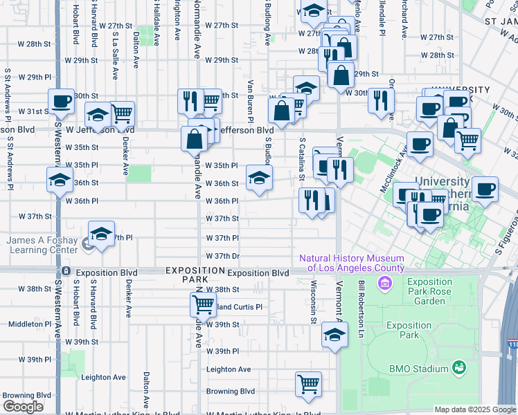 map of restaurants, bars, coffee shops, grocery stores, and more near 1260 West 36th Place in Los Angeles