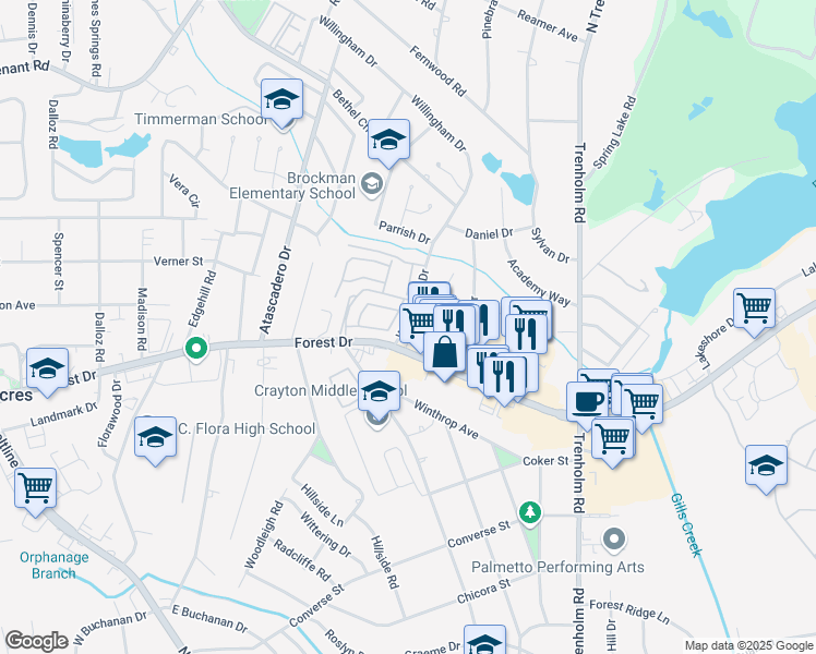 map of restaurants, bars, coffee shops, grocery stores, and more near 1620 Willingham Dr in Columbia