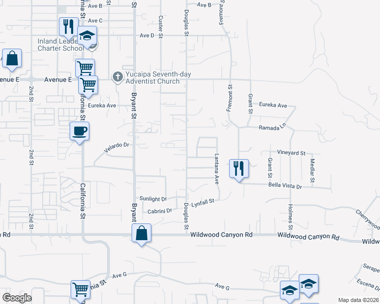 map of restaurants, bars, coffee shops, grocery stores, and more near 12779 Douglas Street in Yucaipa