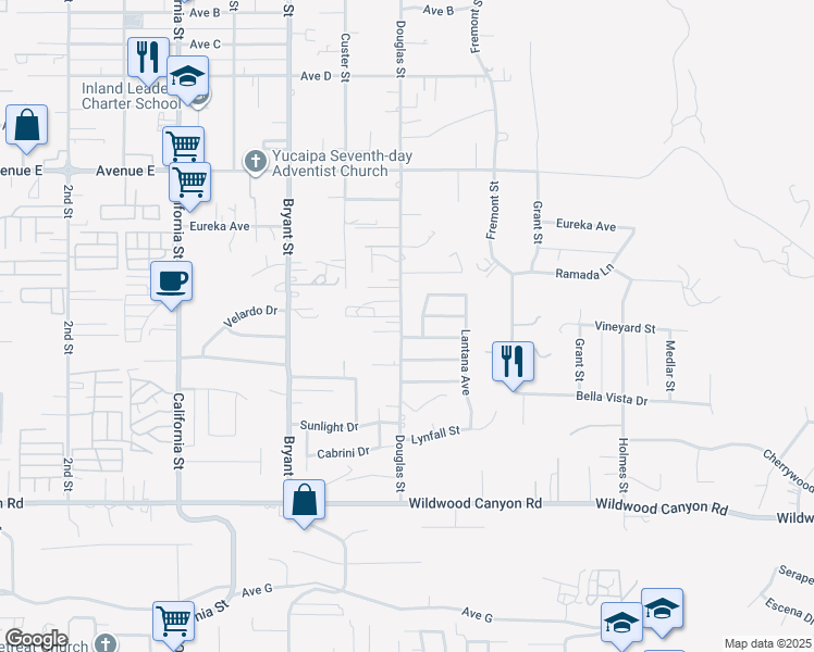 map of restaurants, bars, coffee shops, grocery stores, and more near 12779 Douglas Street in Yucaipa