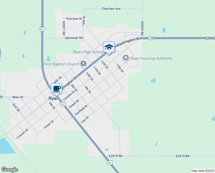 map of restaurants, bars, coffee shops, grocery stores, and more near 1012 Garfield Street in Ryan