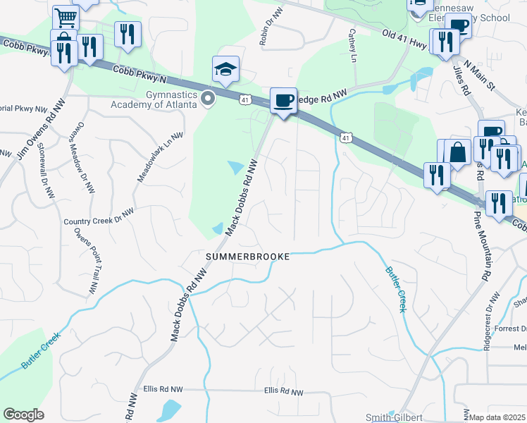 map of restaurants, bars, coffee shops, grocery stores, and more near 2798 Summer Ridge Lane in Kennesaw