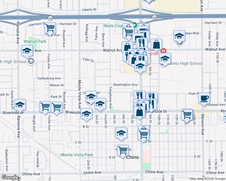 map of restaurants, bars, coffee shops, grocery stores, and more near 5118 Lincoln Avenue in Chino